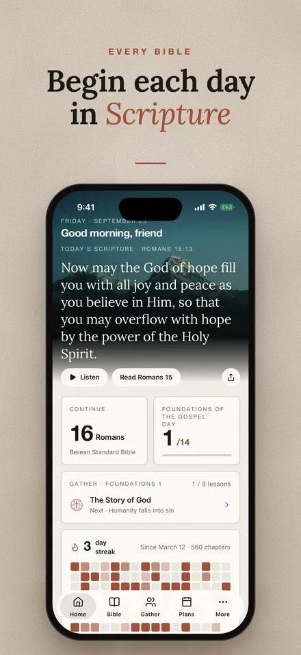 Home screen opening on the verse of the day, with reading progress below.